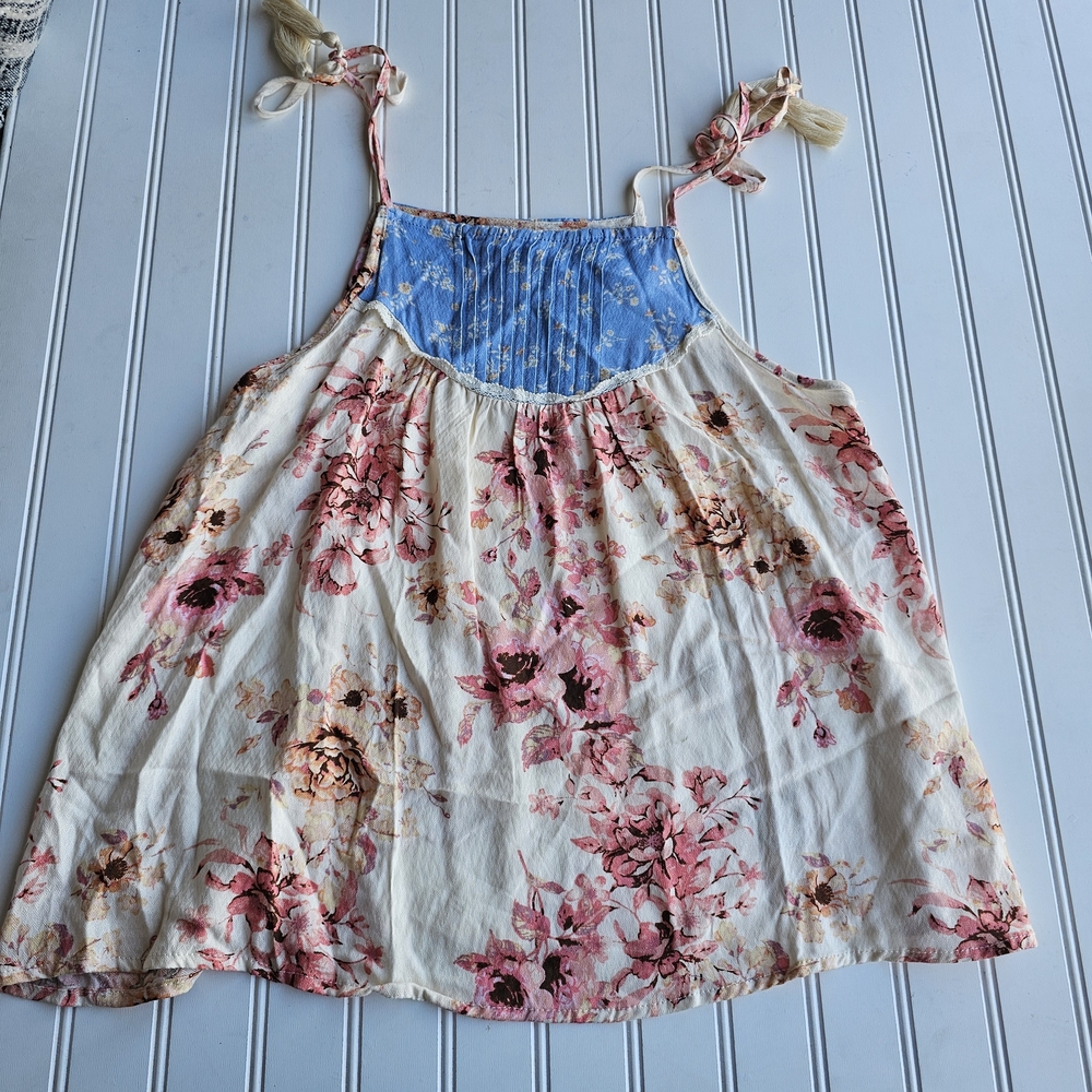 Blue Rain Cream Floral Tie-Shoulder Tank with Blue Yoke
